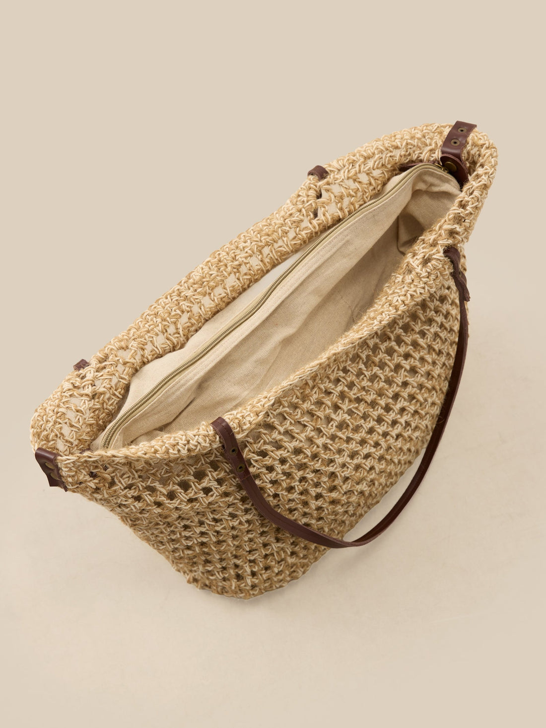 Linen-Cotton Open-Weave Tote Bag With Zip Pouch