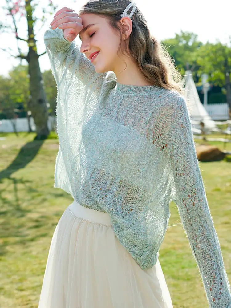Women's Solid Color Hollow Knit Pullover Sweater